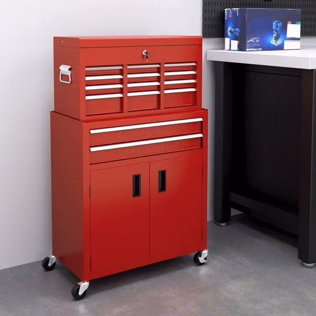 HOMCOM Red Metal Portable Tool Chest with Lockable Rollable Drawers for Garage