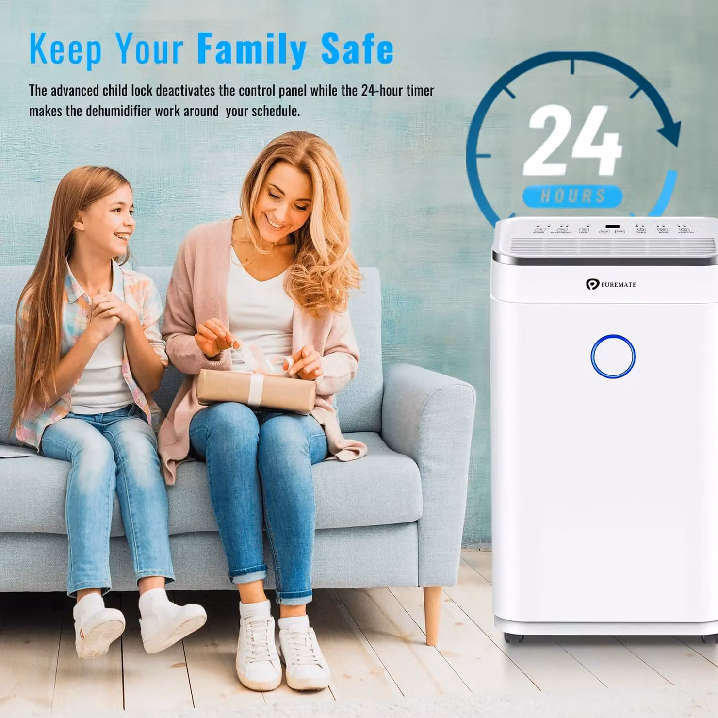 PureMate White Portable Compact Dehumidifier with 20L/Day Capacity, Continuous Drainage and 24-Hour Timer – 5