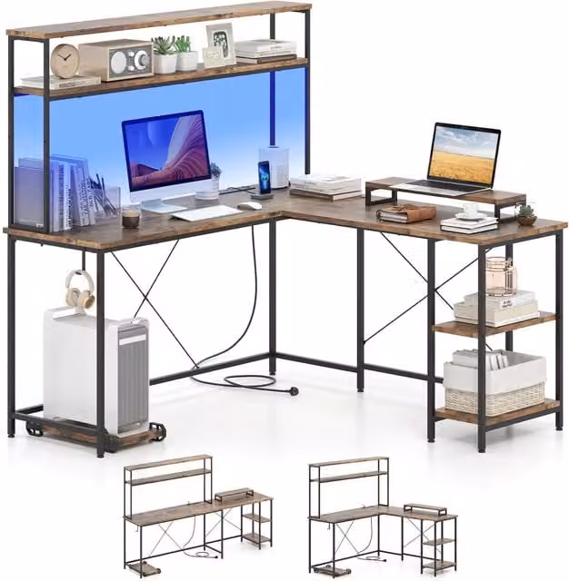 Costway L-Shaped Reversible Corner Gaming Desk with LED Strip in Brown – 1