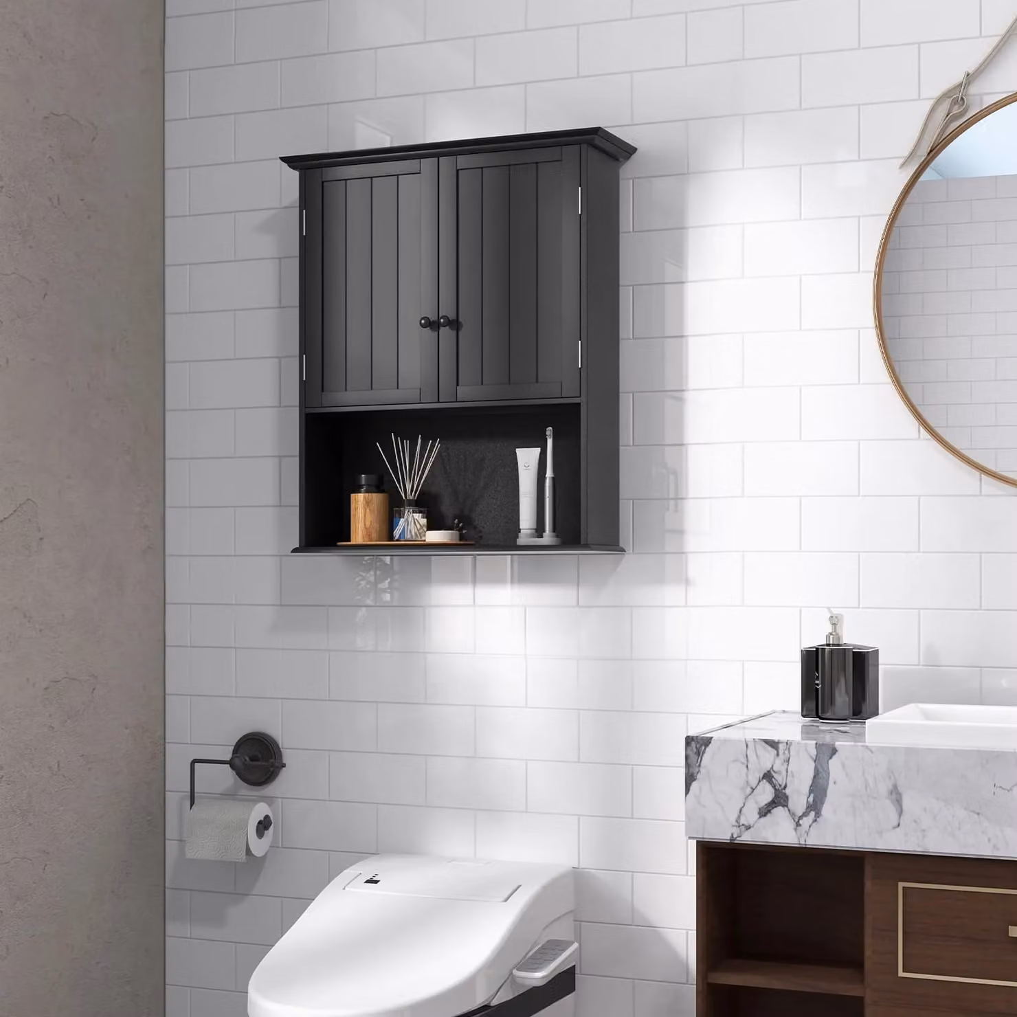 Gymax Modern Black Wall Mounted Bathroom Medicine Cabinet with Double Hinged Doors and Adjustable Internal Shelves – 4