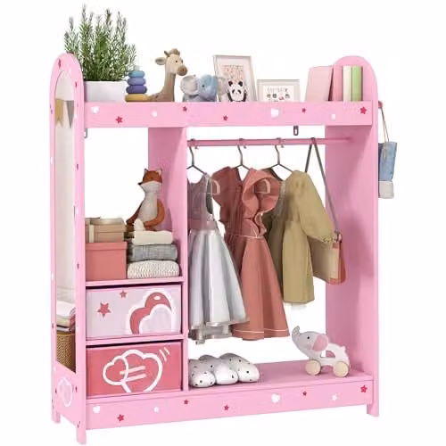 AIYAPLAY Kids Clothes Rail and Wardrobe with Mirror in Pink