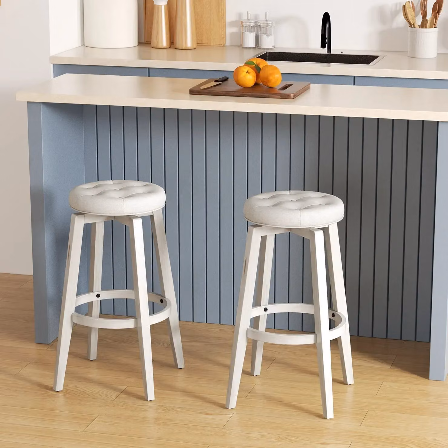 Costway Set of 2 Beige Upholstered Bar Stools with 360 Degree Swivel and Rubberwood Legs – 2