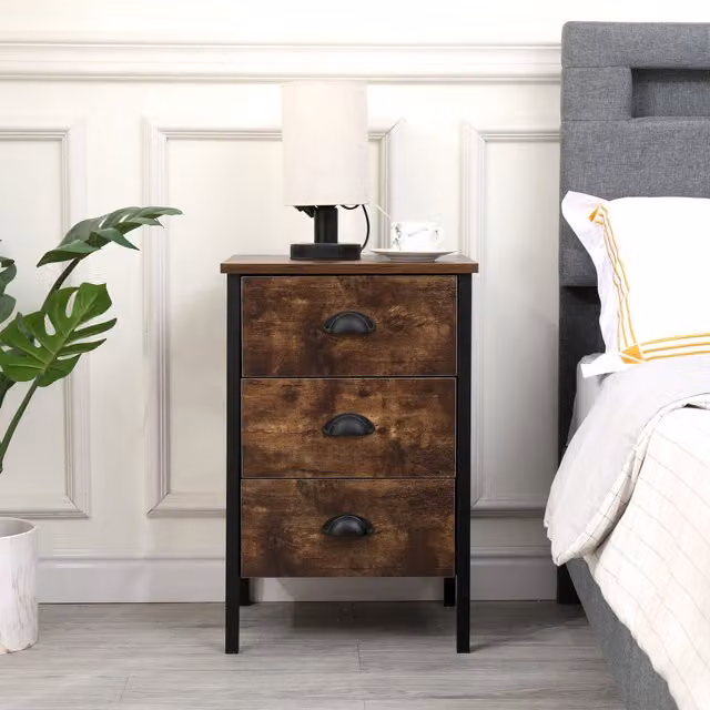HMD Furniture 3 Drawer Bedside Table in Vintage Brown