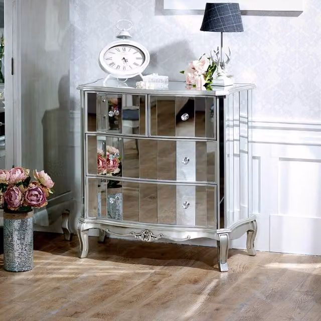 Melody Maison Silver Lacquered Mirrored Chest of Drawers