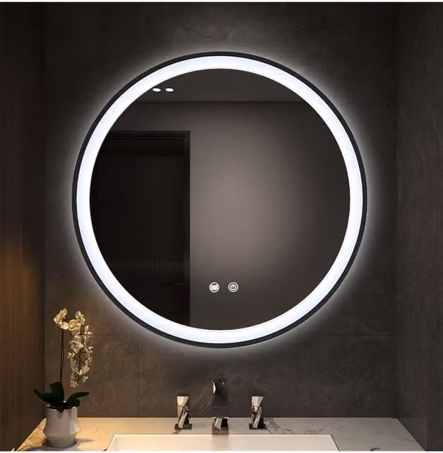 Living and Home Round Metal Framed LED Bathroom Wall Mirror in Black, Diameter: 80 cm