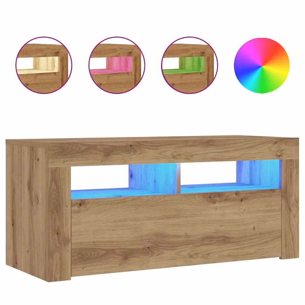 Berkfield Home Modern TV Cabinet with LED Lights in Artisan Oak, W/D/H: 90 x 35 x 40 cm – 2