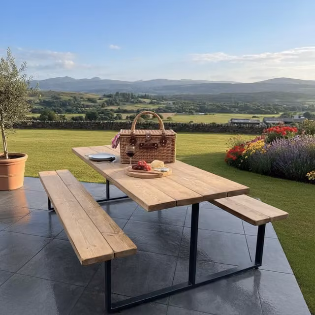 TRL Handmade Furniture Outdoor Slatted Picnic Table with Fixed Benches in Rugger Brown and Black