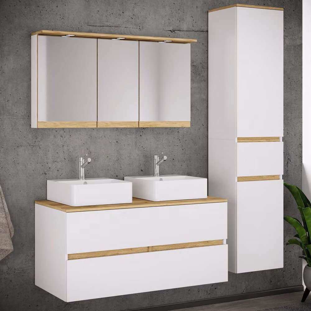 VCM Cosila-A Modern White Bathroom Furniture Set including Vanity Unit, Mirror Cabinet and Tall Cabinet – 2
