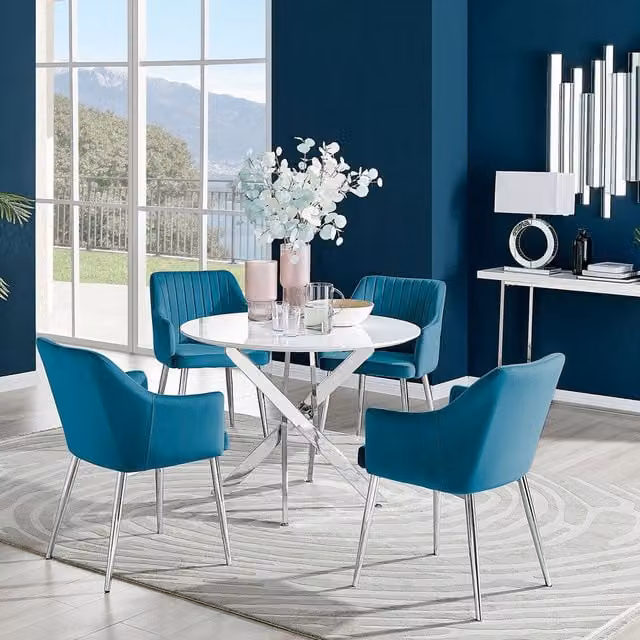 FurnitureboxUK Novara White High Gloss Round Dining Table with 4 Blue Velvet Calla Silver Leg Chairs