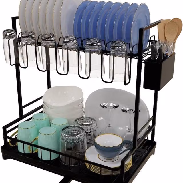 Homiu 2-Tier Rectangular Dish Drying Rack in Black Coated Steel