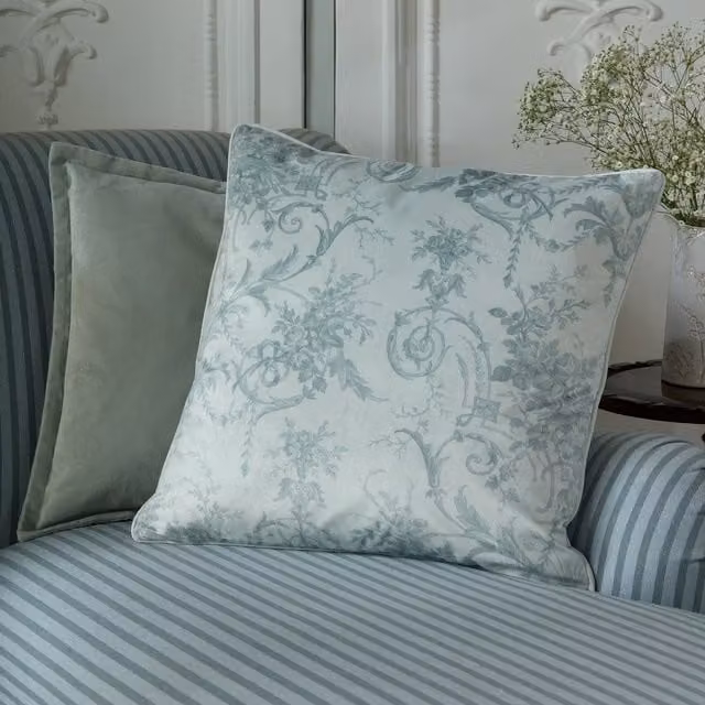 Laura Ashley Tuileries Velvet Filled Square Cushion, Green/Grey, W x D: 50 x 50 cm