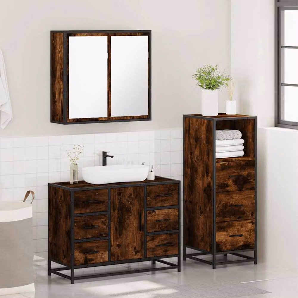 Berkfield Home 3 Piece Industrial Bathroom Furniture Set in Smoked Oak Brown – 4