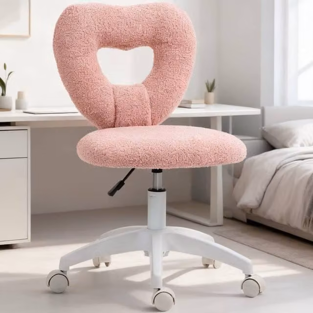 ERGOVEXA Pink Bouclé Fabric Armless Heart Task Chair with Castors and 360 Degree Swivel – 1