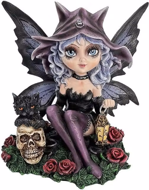 Nemesis Now Midnight Fae Gothic Fairy with Cat Figurine in Black, Purple and Gold, Height: 14 cm