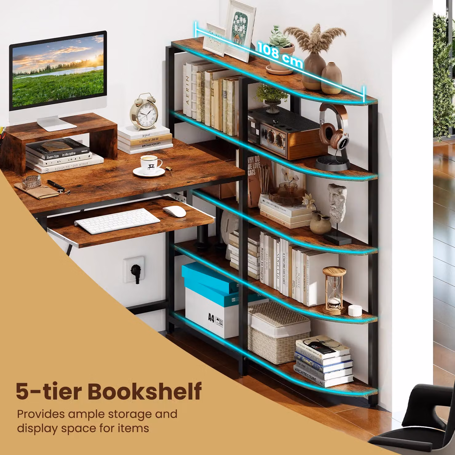 Gymax L-Shaped Corner Computer Desk with Storage Shelves in Brown – 7