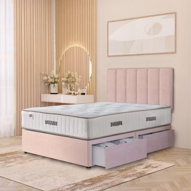 Somnior Beds Ltd Austin Plush Velvet Orthopaedic Divan Bed Set with Hybrid Mattress, Headboard and Drawers, Pink, W/D/H: 200 x 200 cm