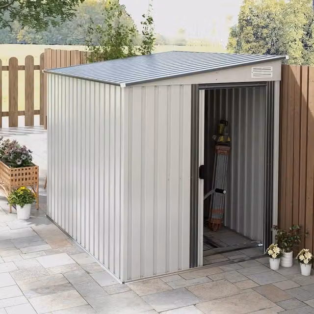 Outsunny White Metal Lean-to Garden Tool Storage Shed with Foundation