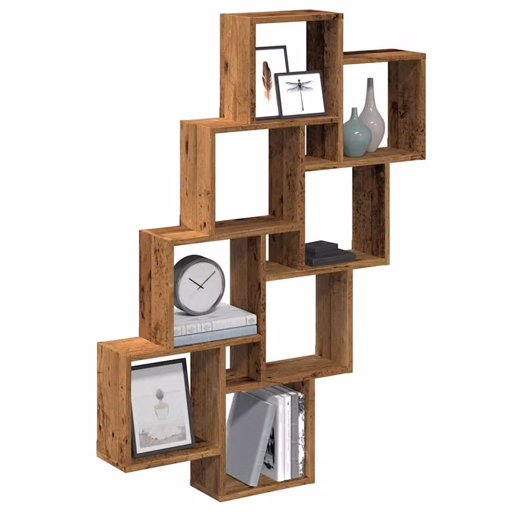 Berkfield Home Wall Mounted Cube Shelf in Brown Old Wood, W/D/H: 90 x 15 x 119.5 cm – 2