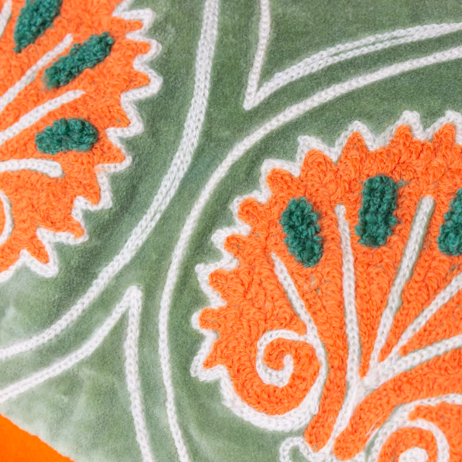 Paoletti Casa Floral Embroidered Rectangular Cushion in Green and Orange – 3