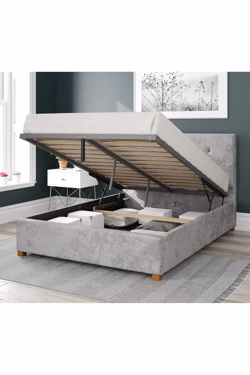 Aspire Presley Super King Upholstered Ottoman Storage Bed in Silver Mirazzi Velvet Fabric, W/D/H: 200 x 190 x 35 cm – 2