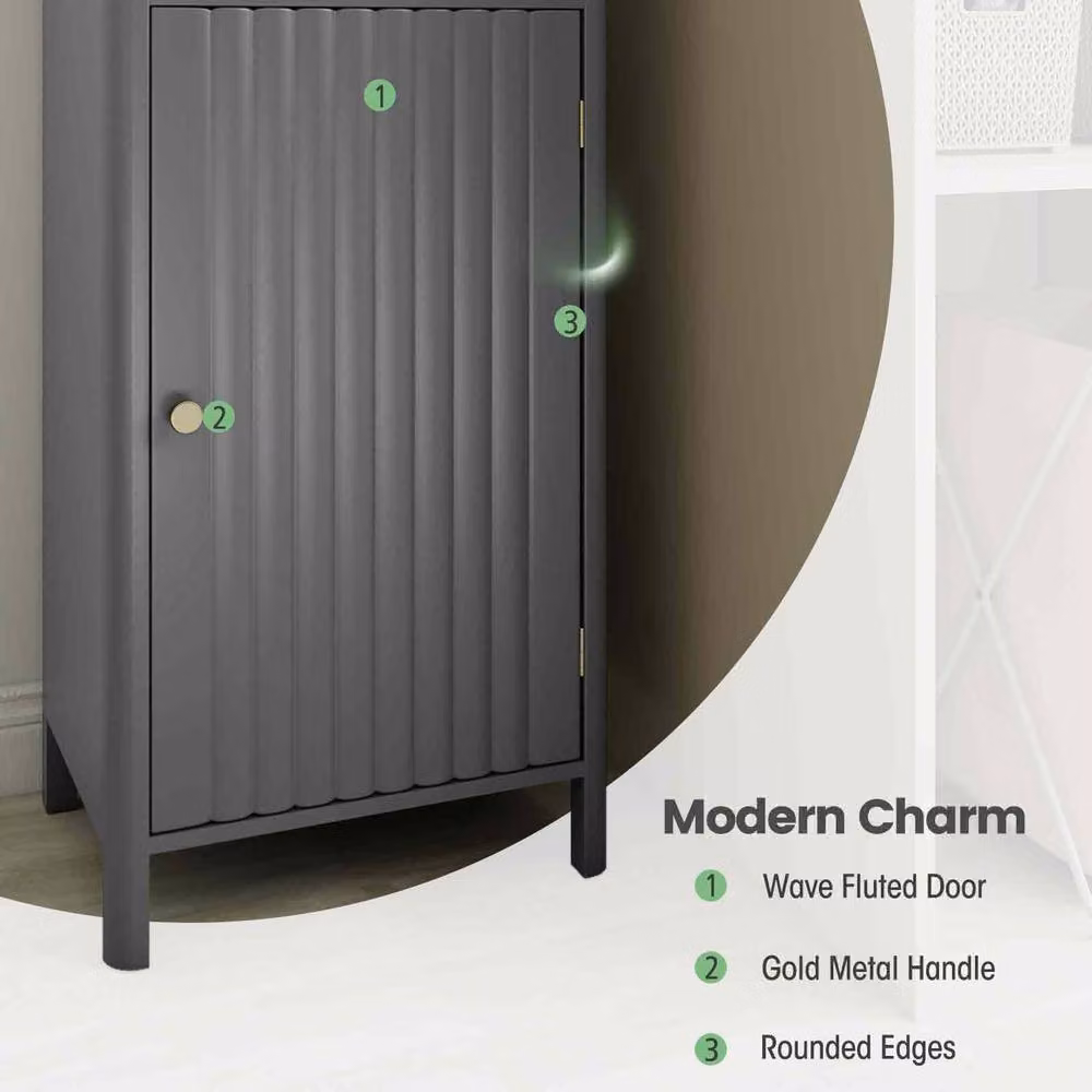 Costway Grey Wooden Narrow Bathroom Floor Cabinet with Fluted Hinged Doors, H 170 x W 40 x D 30 cm – 8