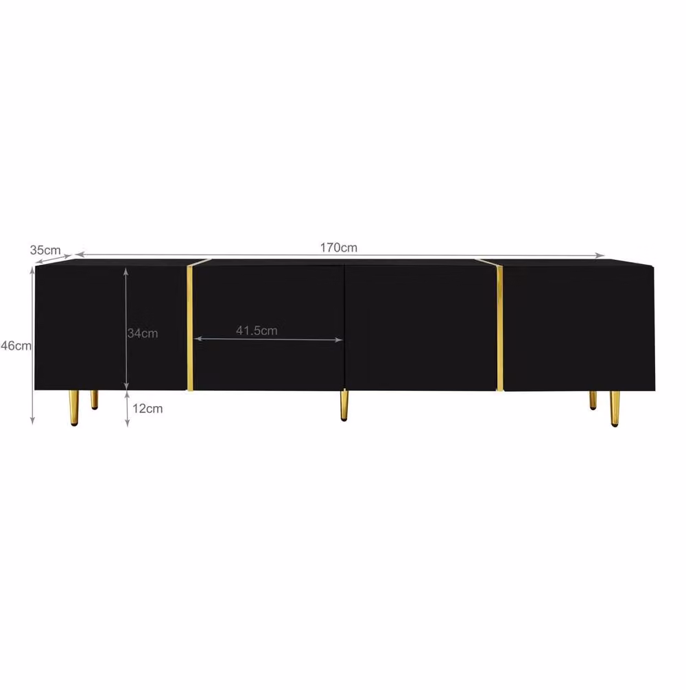 STILVORA Modern Glossy Black and Gold TV Cabinet with Four Doors and Media Compartments – 4