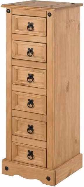 FORGEVIO 6 Drawer Narrow Chest Bedside Table and Side Cabinet in Rustic Natural Pine with Black Metal Accents – 1