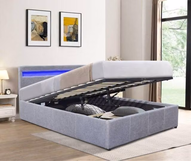 Comfy Living Ltd Modern Fabric Gas Lift Ottoman Bed Frame with LED Lighting in Light Grey, W/D/H: 120 x 200 cm