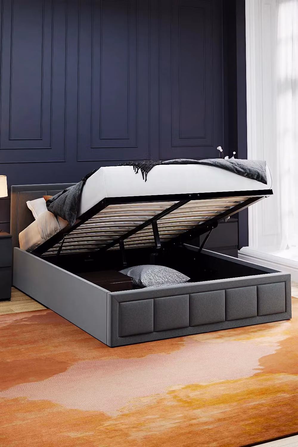 Vida Designs Vanita Upholstered Ottoman Storage Bed Frame in Dark Grey Linen Fabric, Size: Double (140 x 200 cm) – 3