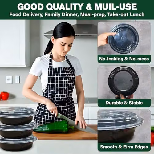 ECONX 30 Pack Black Round Plastic Meal Prep Containers with Airtight Lids, 24oz, BPA Free – 4