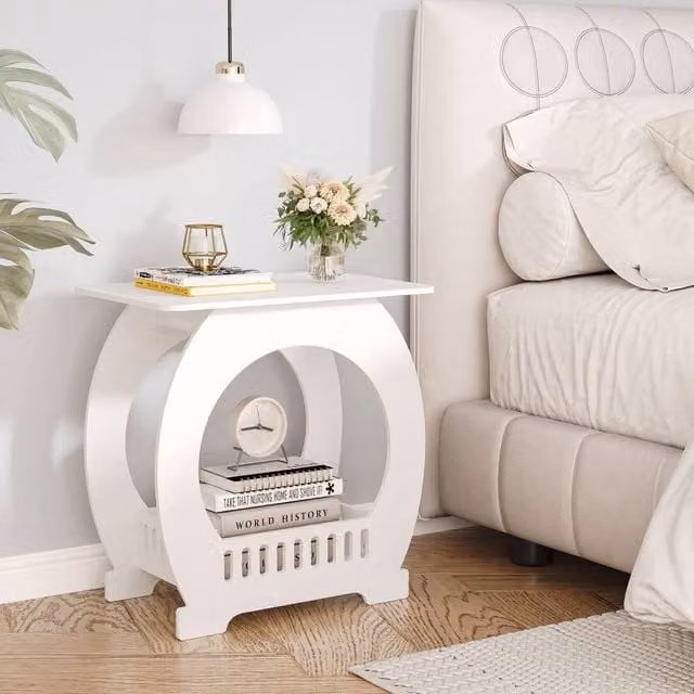 Dprodo Multifunction Small Side Table with Storage Shelf Basket in White