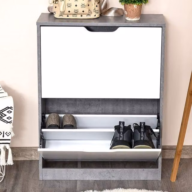 HOMCOM Modern Grey Wood Shoe Cabinet with Internal Shelves and Flat Shelves – 1