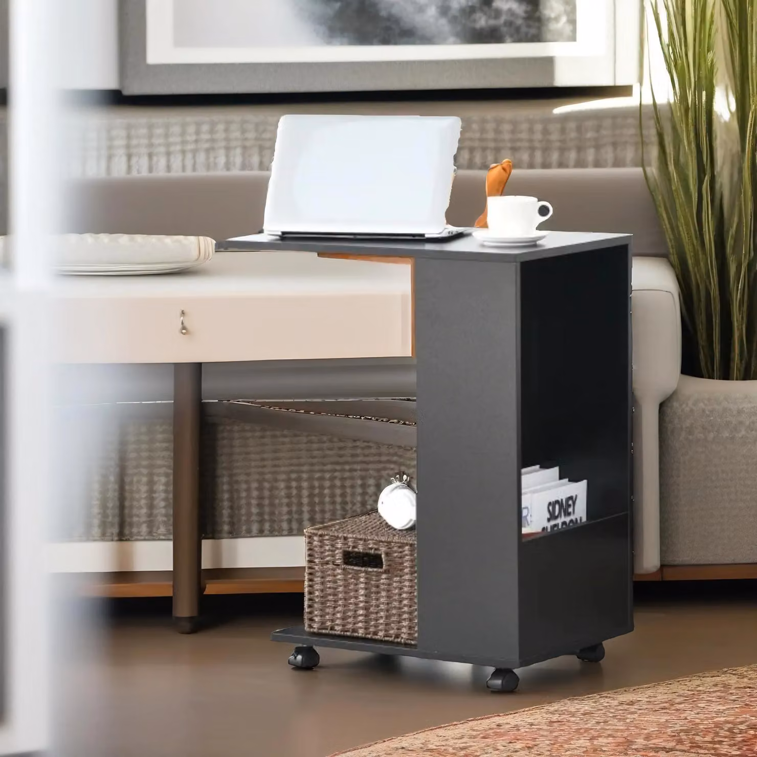 Pirlo Plush Industrial C Shaped Side Table with Storage and Castors, Black, W: 60 cm, D: 40 cm, H: 70 cm – 2