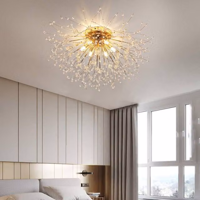 NIVOR 6-Light Gold Crystal Firework Sputnik Ceiling Light Flush Mount with E27 Bulbs in Gold/Brass – 1