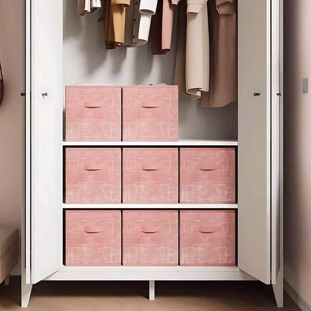 The Bazaarist Set of 8 Foldable Fabric Storage Cubes with Double Handles, Dusty Pink