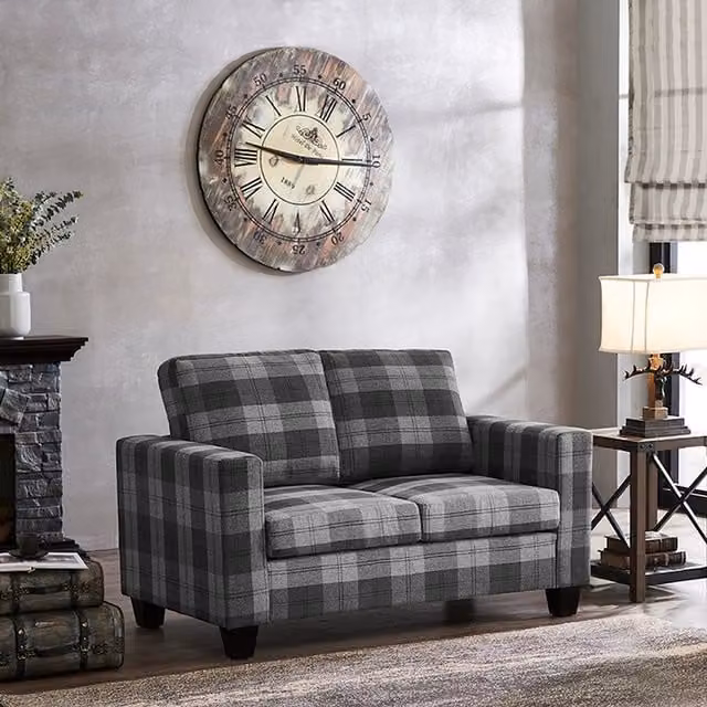 Enzo 2 Seater Sofa In A Box - Grey Tartan Checked Fabric Upholstered Modern Linear Design with Solid Wood Frame