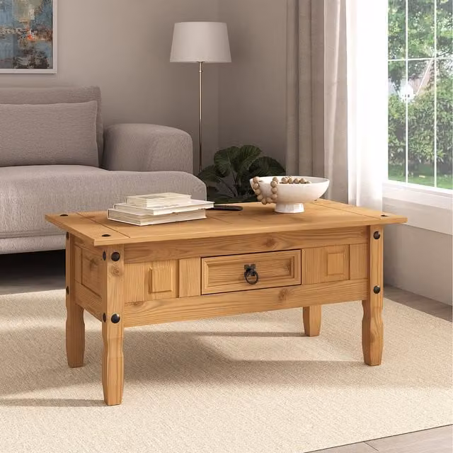 Mews Rectangular Waxed Pine Coffee Table in Brown with 1 Drawer