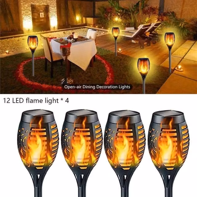FLAVORA Set of 4 Solar Flame Effect Outdoor Stake Lights in Black for Garden and Path – 1