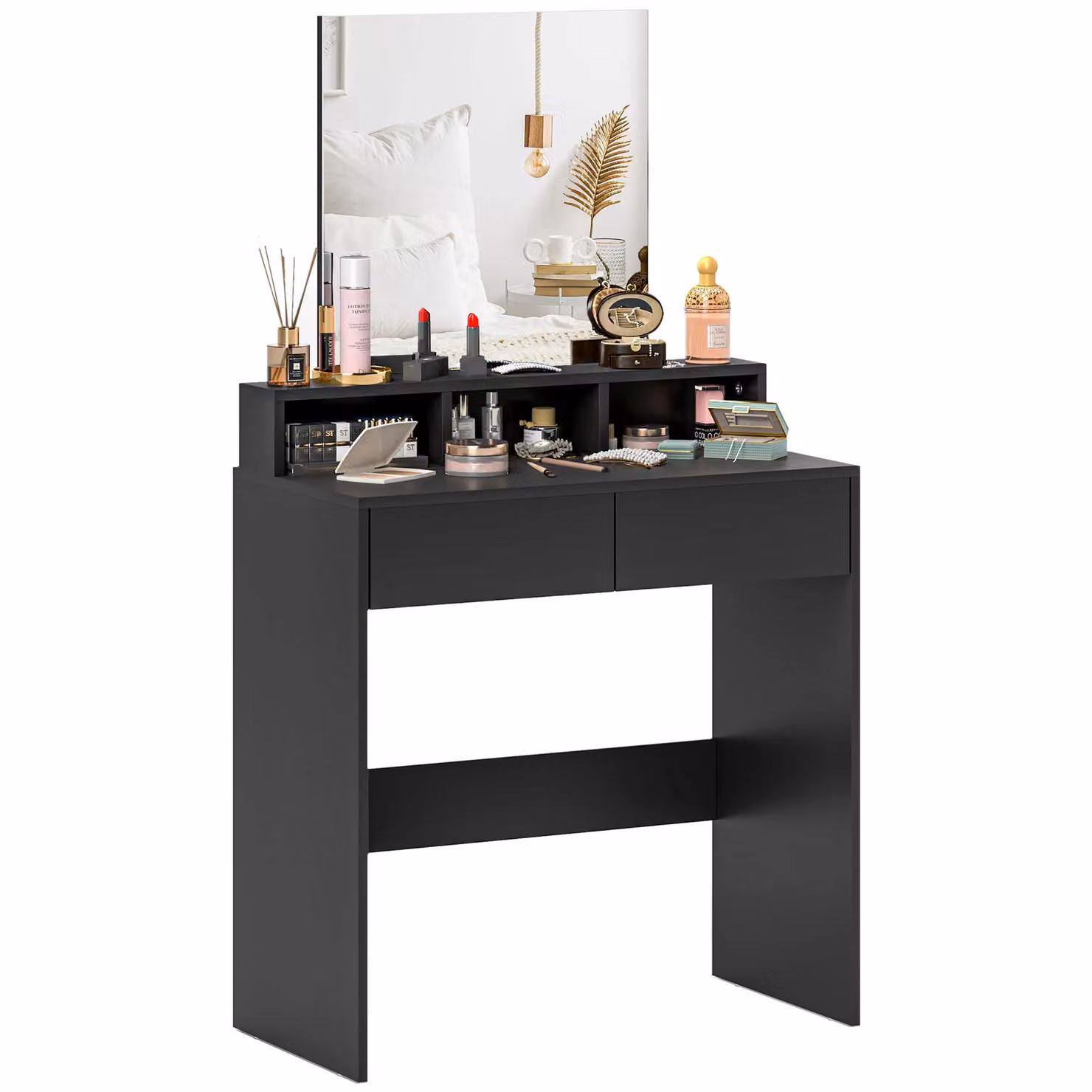 HOMCOM Modern Black Dressing Table with Mirror and 2 Drawers, W: 135 cm, D: 38 cm, H: 75 cm – 2