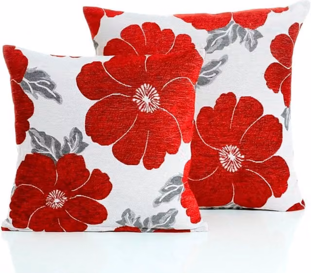 Terrys Floral Chenille Square Filled Cushion Red White and Silver W/D/H: 45.72 x 45.72 x 45.72 cm