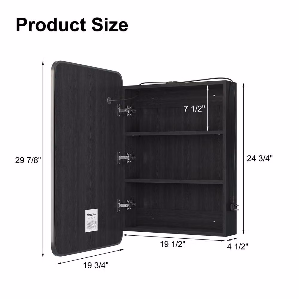 KEEPREAPER Sleek Black Bathroom Mirror Cabinet with 3-Colour LED Lighting and Anti-Fog Function, W: 40 cm, H: 60 cm – 4