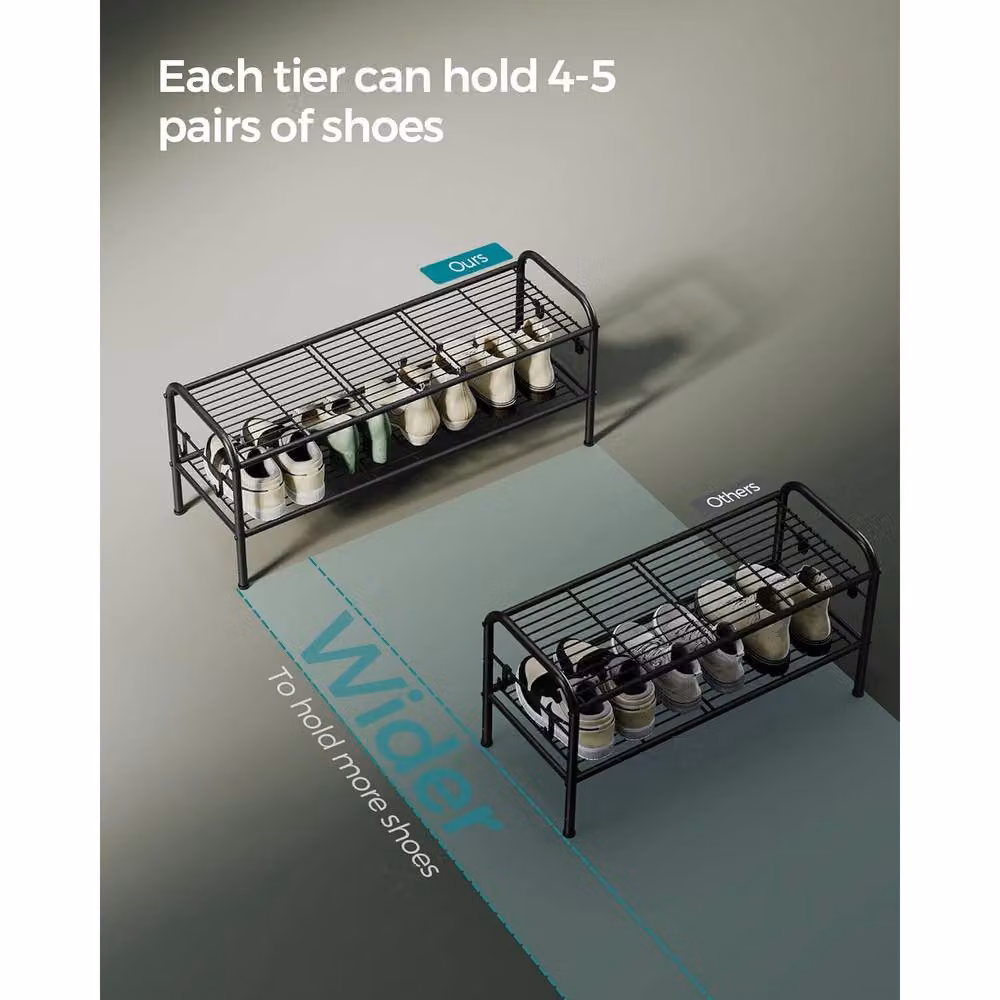 The Bazaarist 2 Tier Metal Shoe Storage Rack with Adjustable Shelves and Hooks in Matt Black – 4