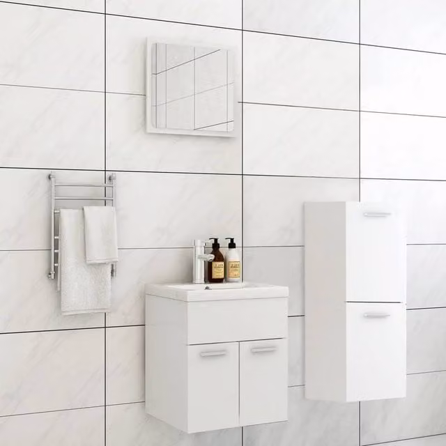 Berkfield Home Modern White Bathroom Furniture Set with Vanity Unit, Side Cabinet and Mirror Cabinet