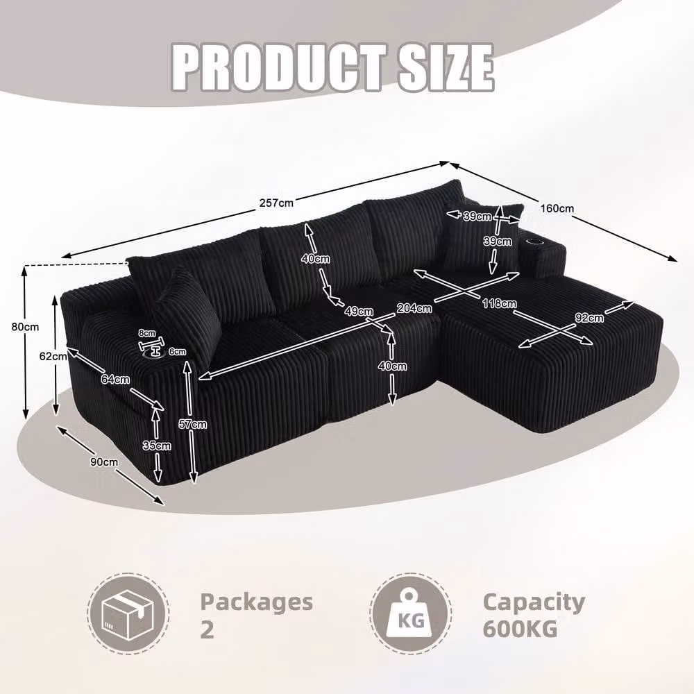Direct Wicker Black L-Shaped Modular Sectional Sofa with 3-Seater Upholstered Fabric Cushions and Cup Holders – 6