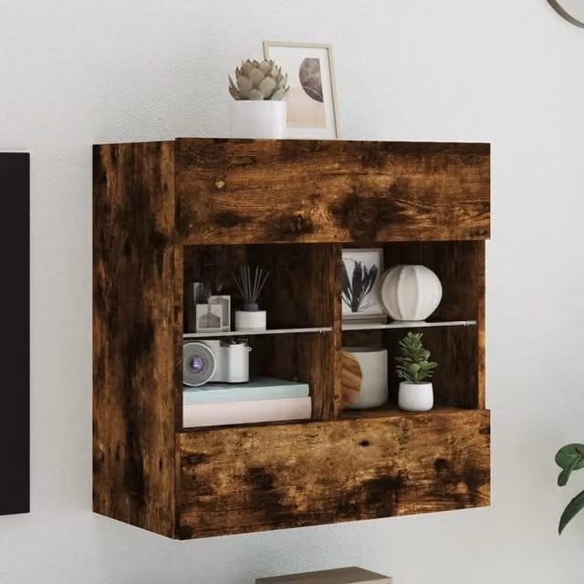 Berkfield Home Modern Wall Mounted TV Cabinet with LED Lights and Glass Doors in Smoked Oak Brown, W/D/H: 58.5 x 30 x 60.5 cm – 1