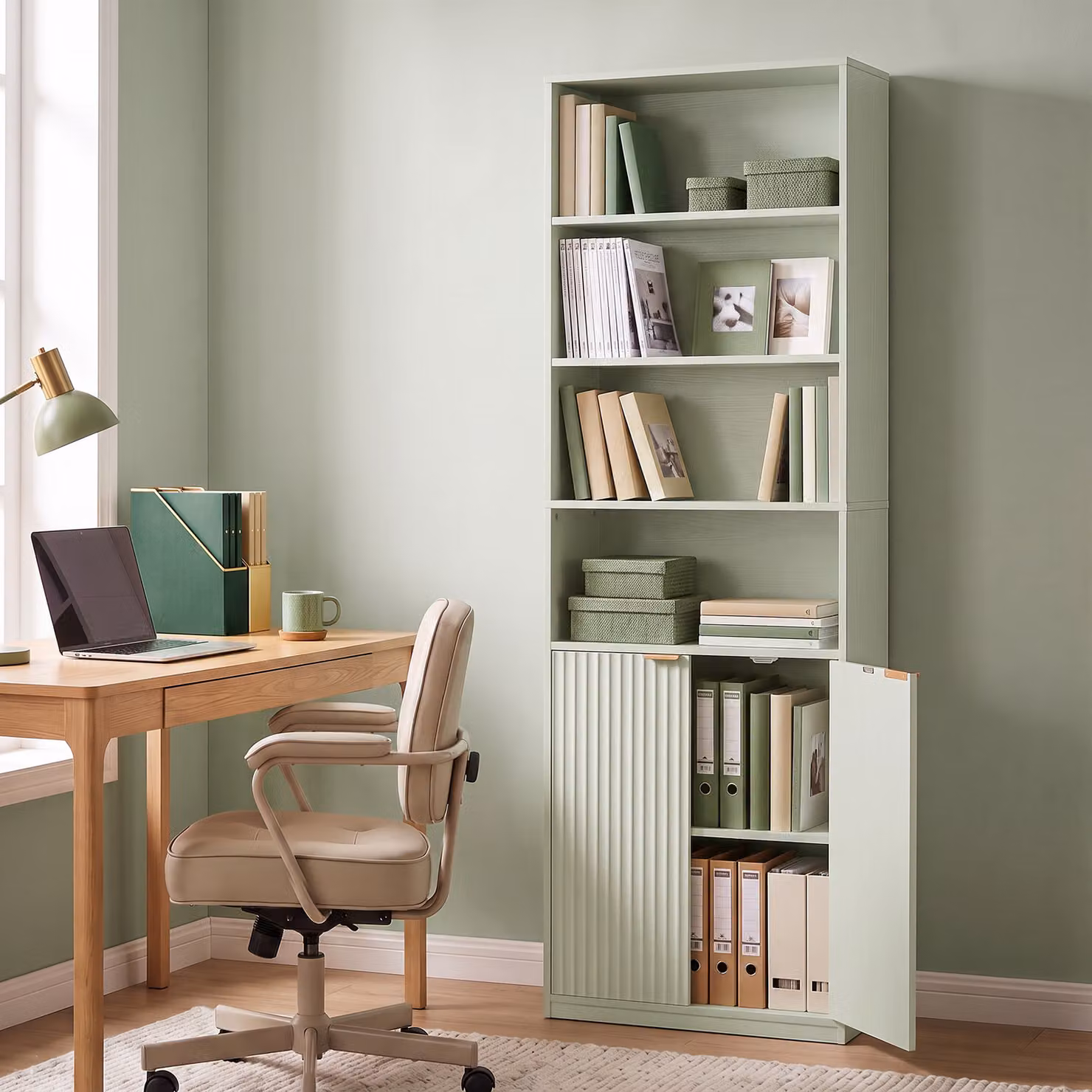 HOMCOM 6-Tier Adjustable Bookshelf in Light Green with Gold Accents – 2