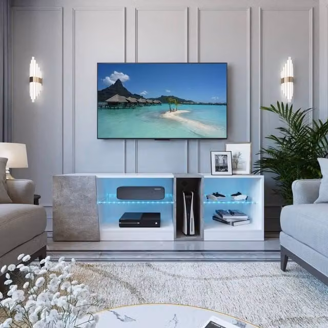 KORVIXA Modern White Glossy LED-TV Stand Cabinet with Integrated Lighting and Media Compartments W/D/H: 140 x 100 x 100 cm