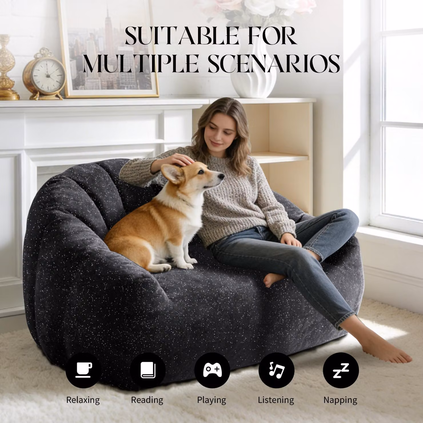 Aosom UK Plush 2-Seater Bean Bag Sofa with High Density Sponge in Black, W/D/H: 98 x 140 x 61 cm – 4