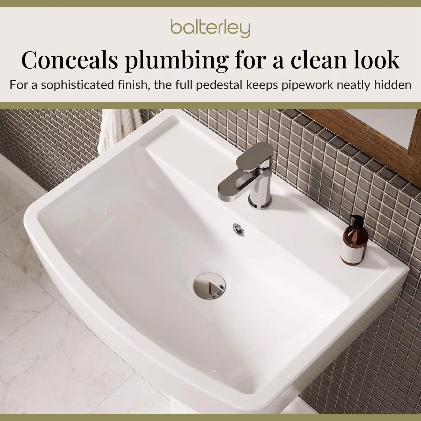 Balterley Square 1 Tap Hole Basin with Full Pedestal, White, W: 52 cm, D: 42 cm, H: 82 cm – 4