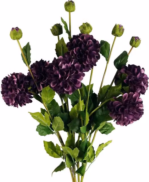Purple Artificial Dahlia PomPom Flower Stems with Textile Leaves